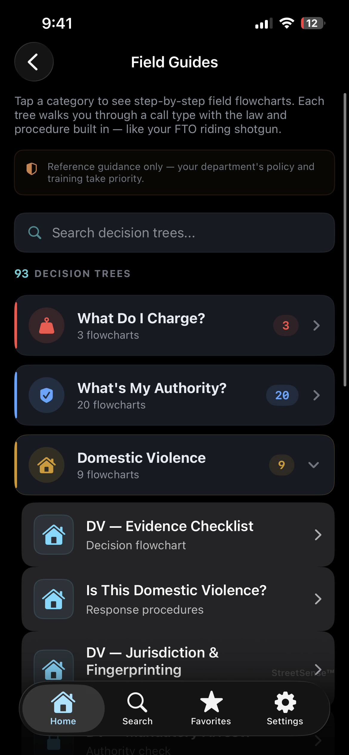 StreetSense field guides showing 93 decision trees organized by call type