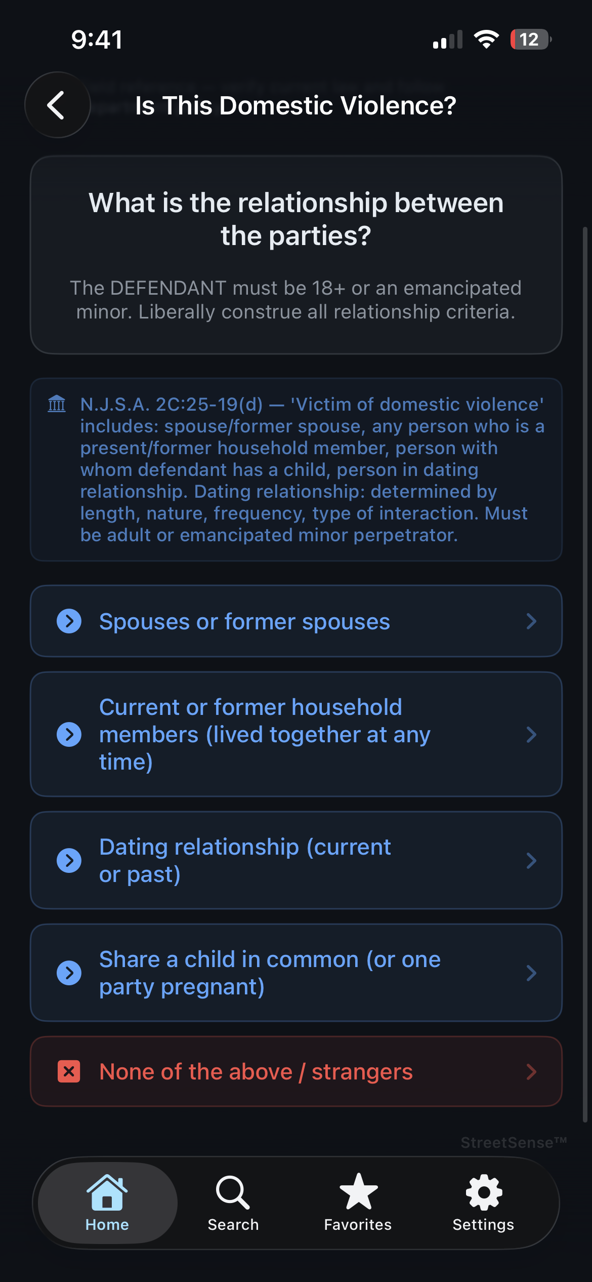 StreetSense domestic violence decision tree showing offense categories