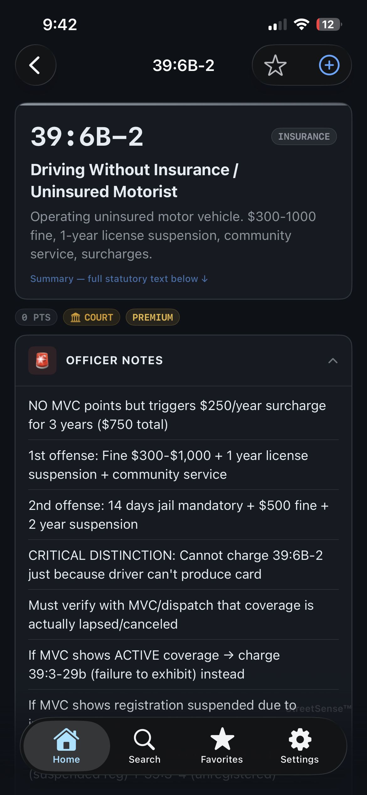 StreetSense statute detail with officer notes for Driving Without Insurance
